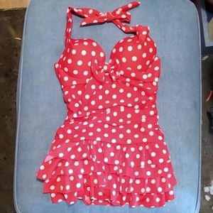 Red White Polka Dot Ruffle Swimsuit
